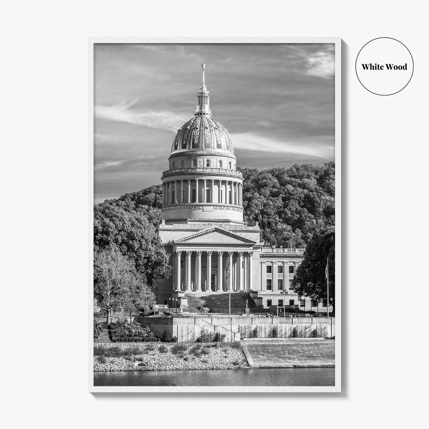 West Virginia Black and White Fine Art Photo Print, Charleston Capitol Kanawha River Poster