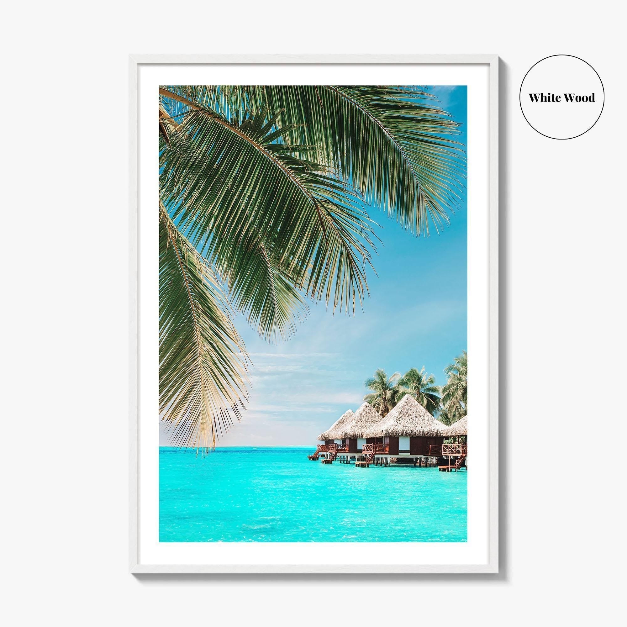 Fiji Fine Art Photo Print, Palm Leaves, Overwater Bungalows, Mamanuca Islands, Wall Poster