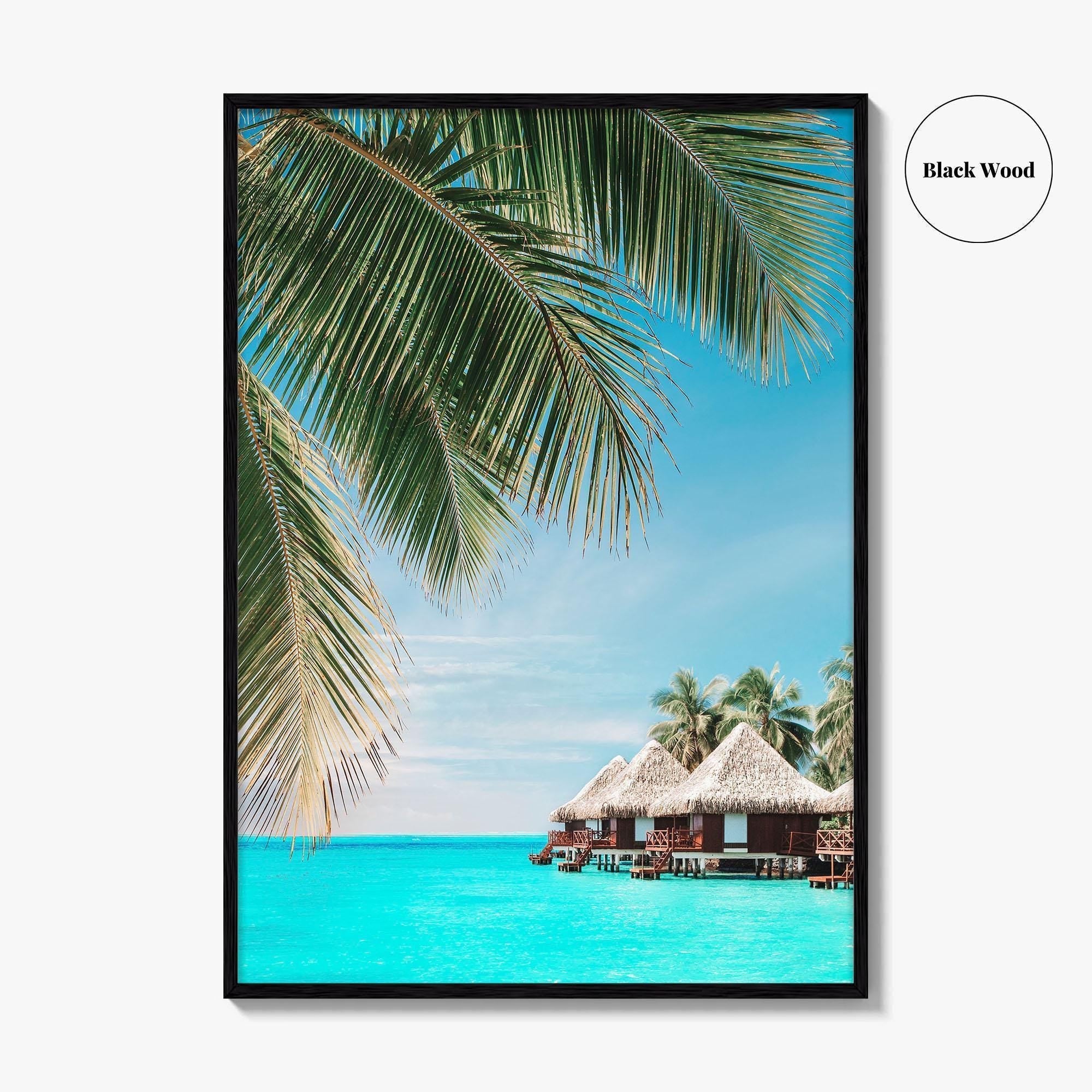 Fiji Fine Art Photo Print, Palm Leaves, Overwater Bungalows, Mamanuca Islands, Wall Poster