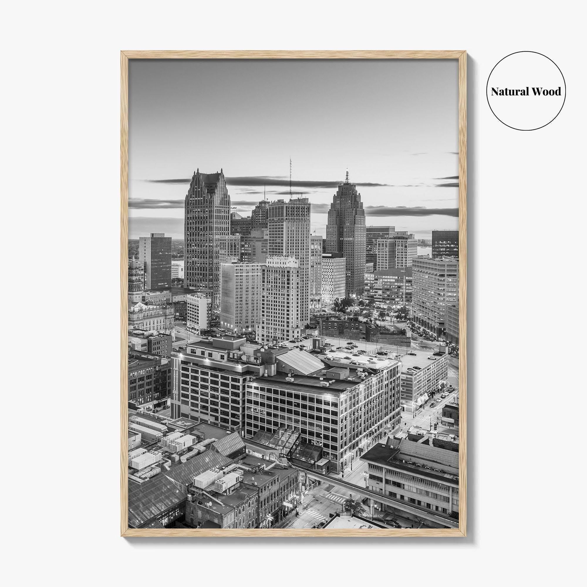 Detroit Skyline Black and White Fine Art Photo Print, Downtown Wall Poster, Michigan USA