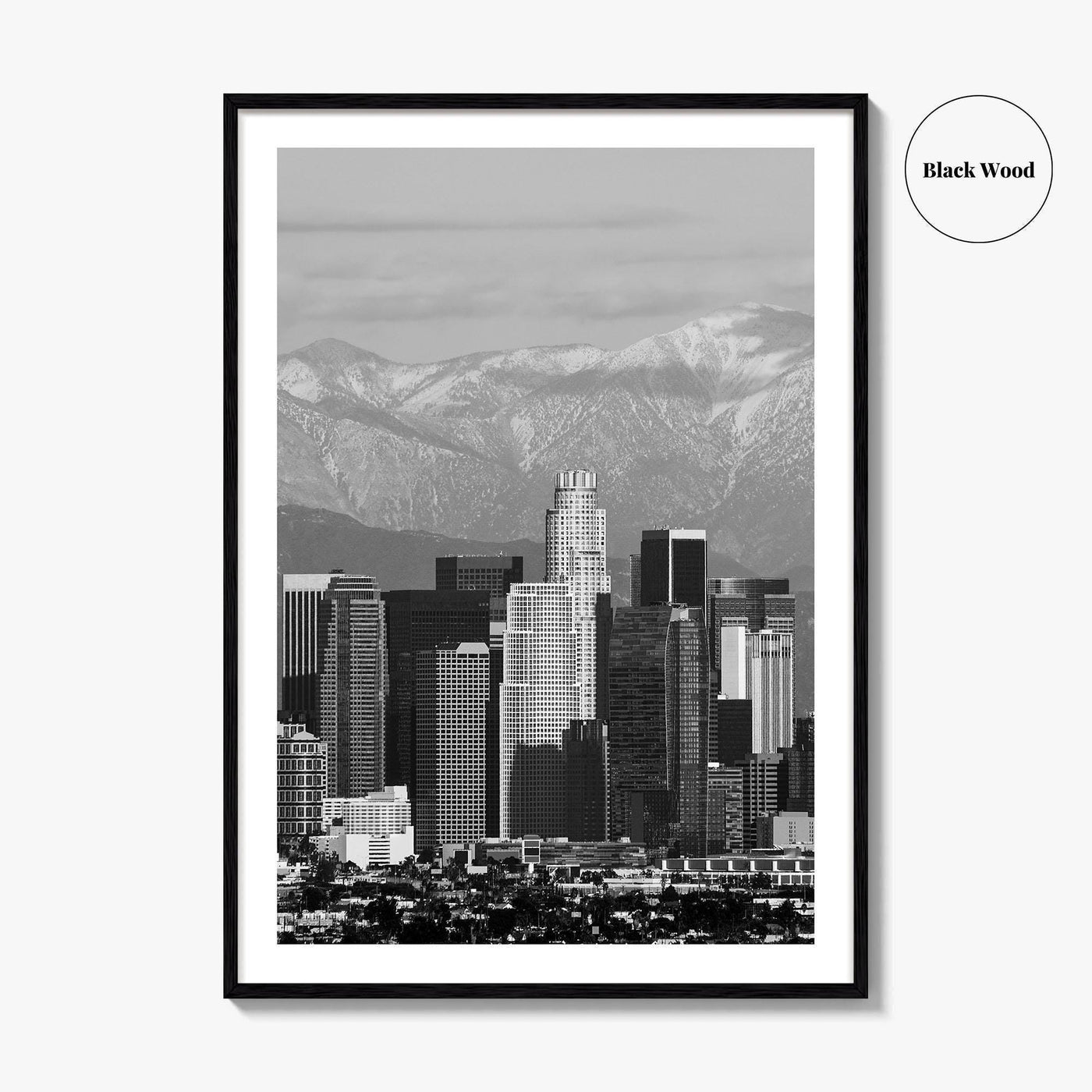 Los Angeles Skyline Black and White Fine Art Photo Print, Snowy Mountains California Poster