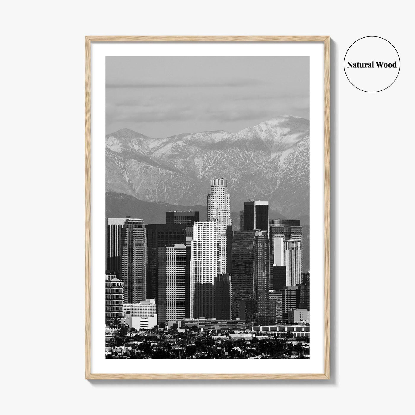Los Angeles Skyline Black and White Fine Art Photo Print, Snowy Mountains California Poster