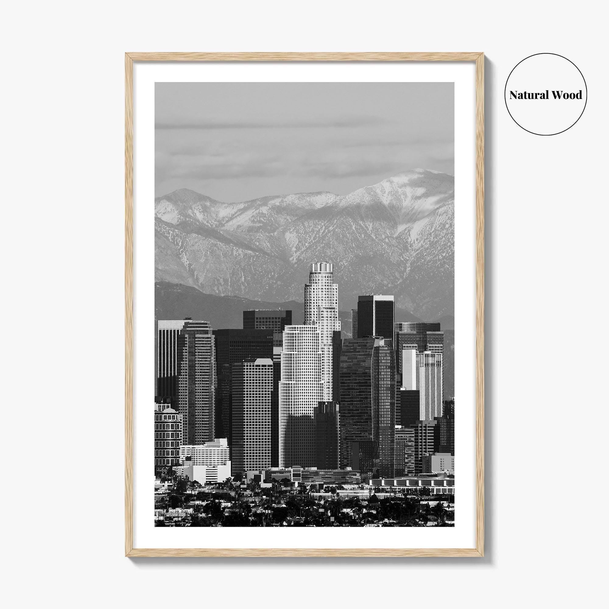 Los Angeles Skyline Black and White Fine Art Photo Print, Snowy Mountains California Poster