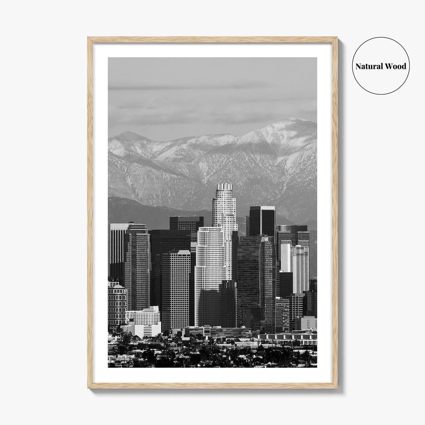 Los Angeles Skyline Black and White Fine Art Photo Print, Snowy Mountains California Poster