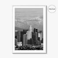 Los Angeles Skyline Black and White Fine Art Photo Print, Snowy Mountains California Poster