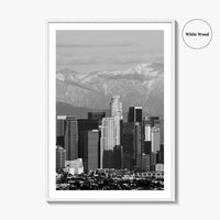 Los Angeles Skyline Black and White Fine Art Photo Print, Snowy Mountains California Poster