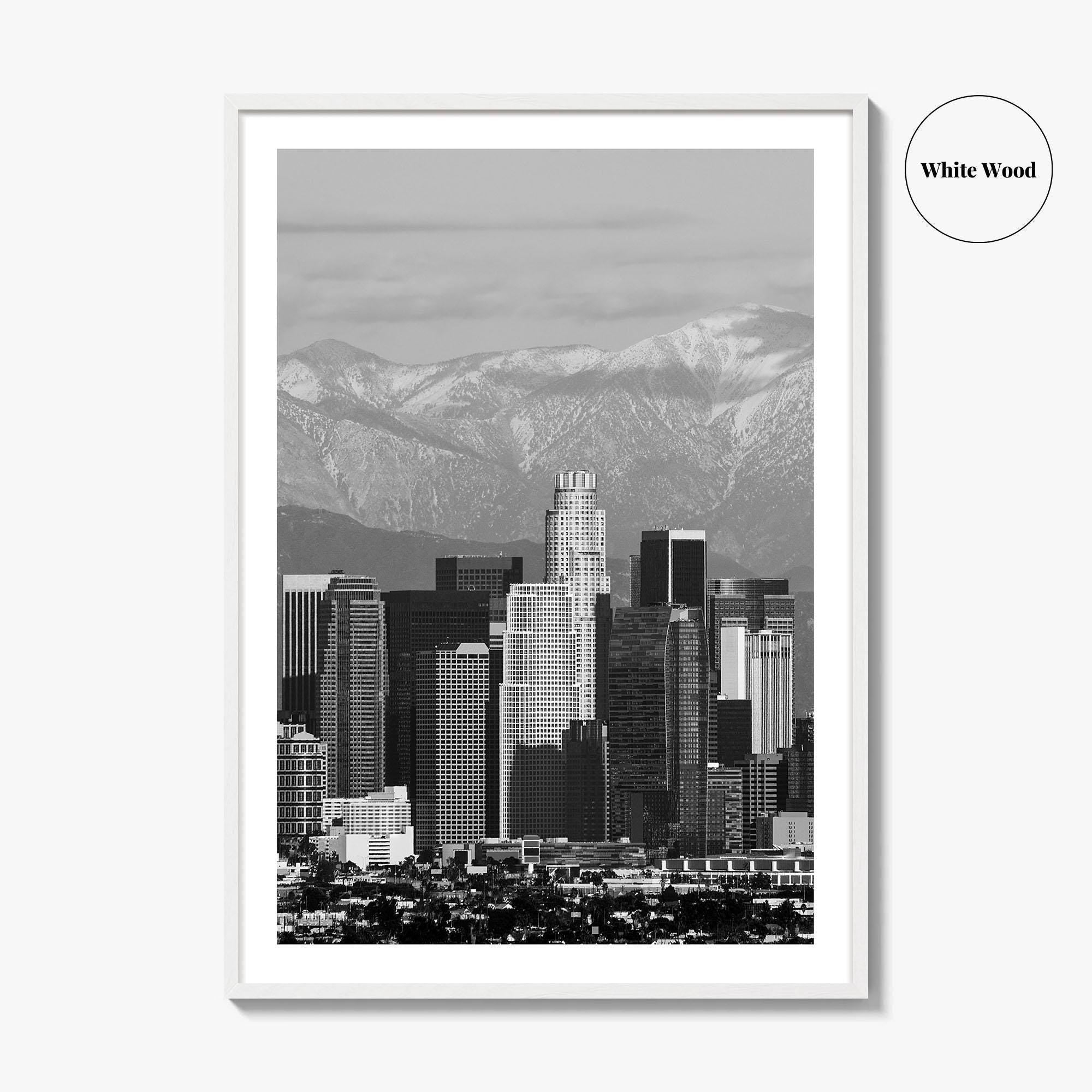 Los Angeles Skyline Black and White Fine Art Photo Print, Snowy Mountains California Poster