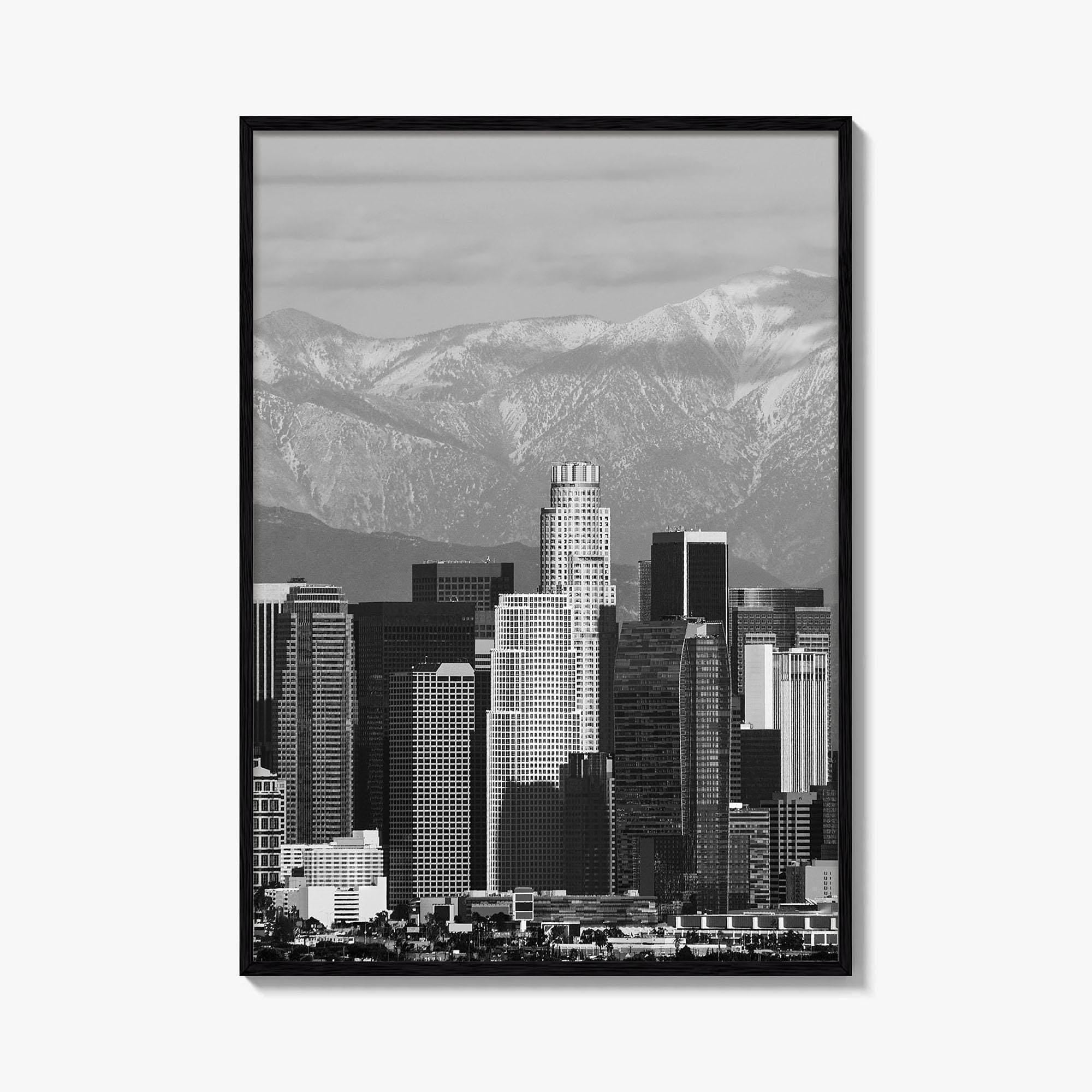 Los Angeles Skyline Black and White Fine Art Photo Print, Snowy Mountains California Poster