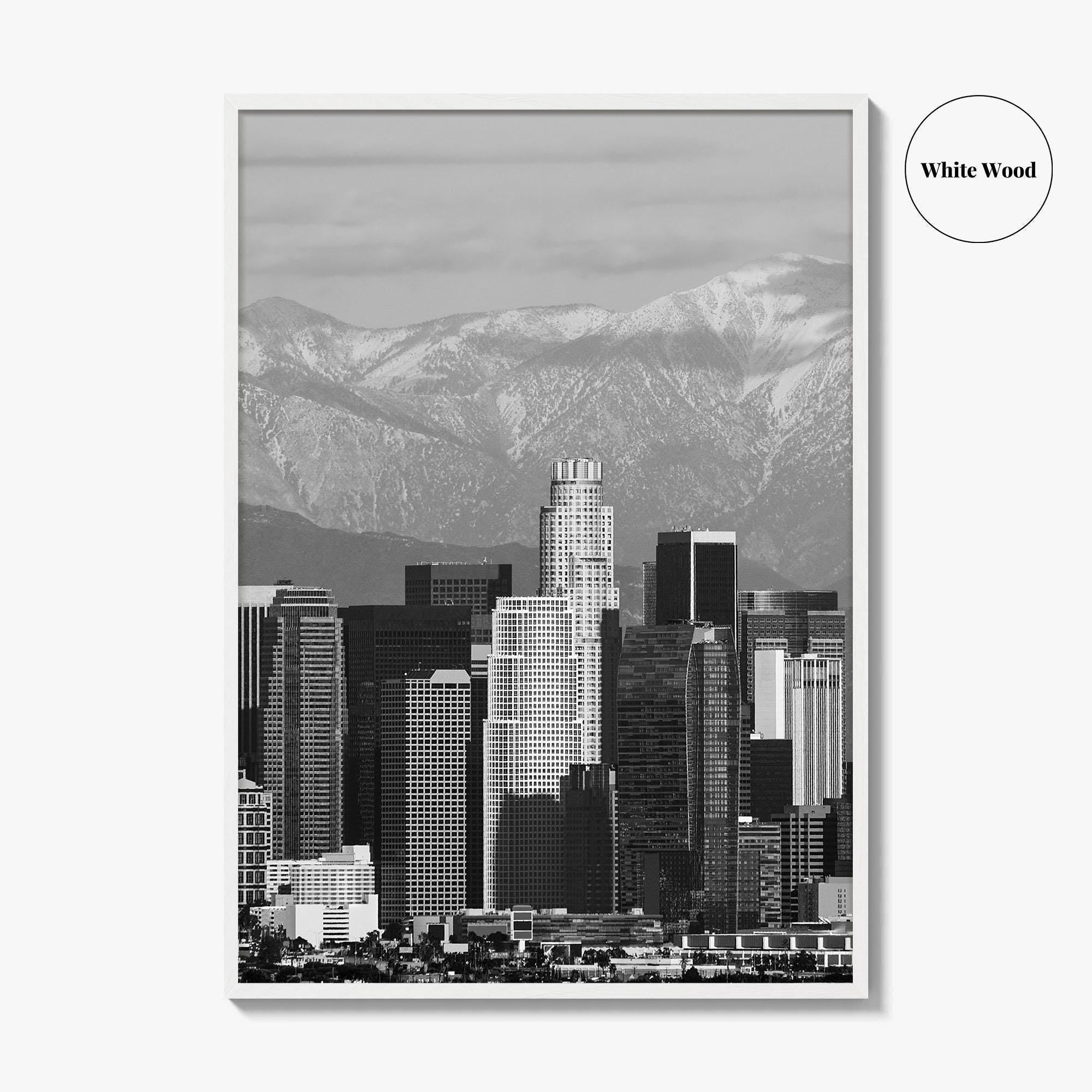 Los Angeles Skyline Black and White Fine Art Photo Print, Snowy Mountains California Poster