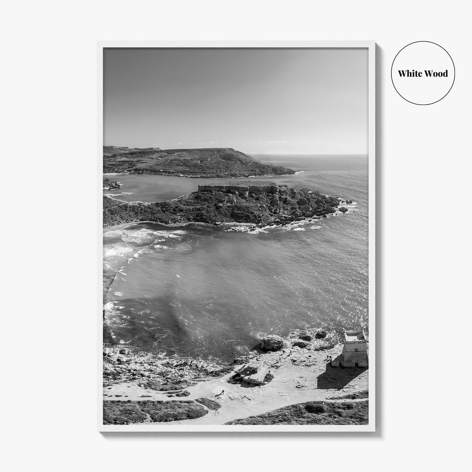 Malta Black and White Fine Art Photo Print, Golden Bay Beach, Mellieha, Coastal Poster