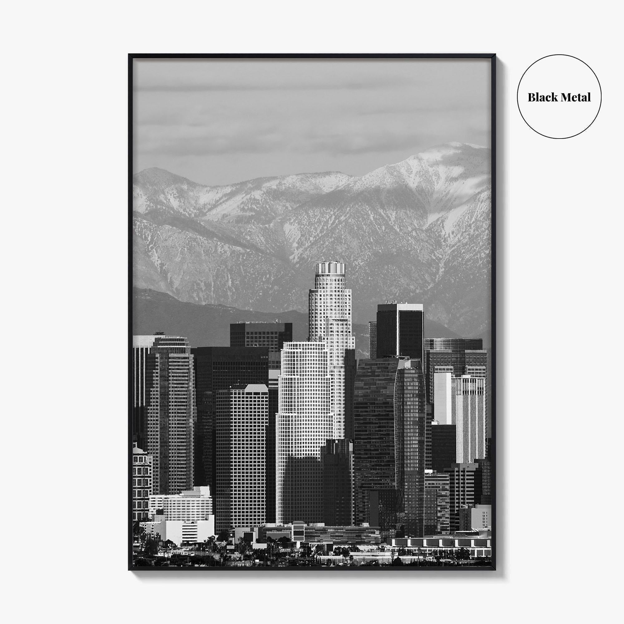 Los Angeles Skyline Black and White Fine Art Photo Print, Snowy Mountains California Poster