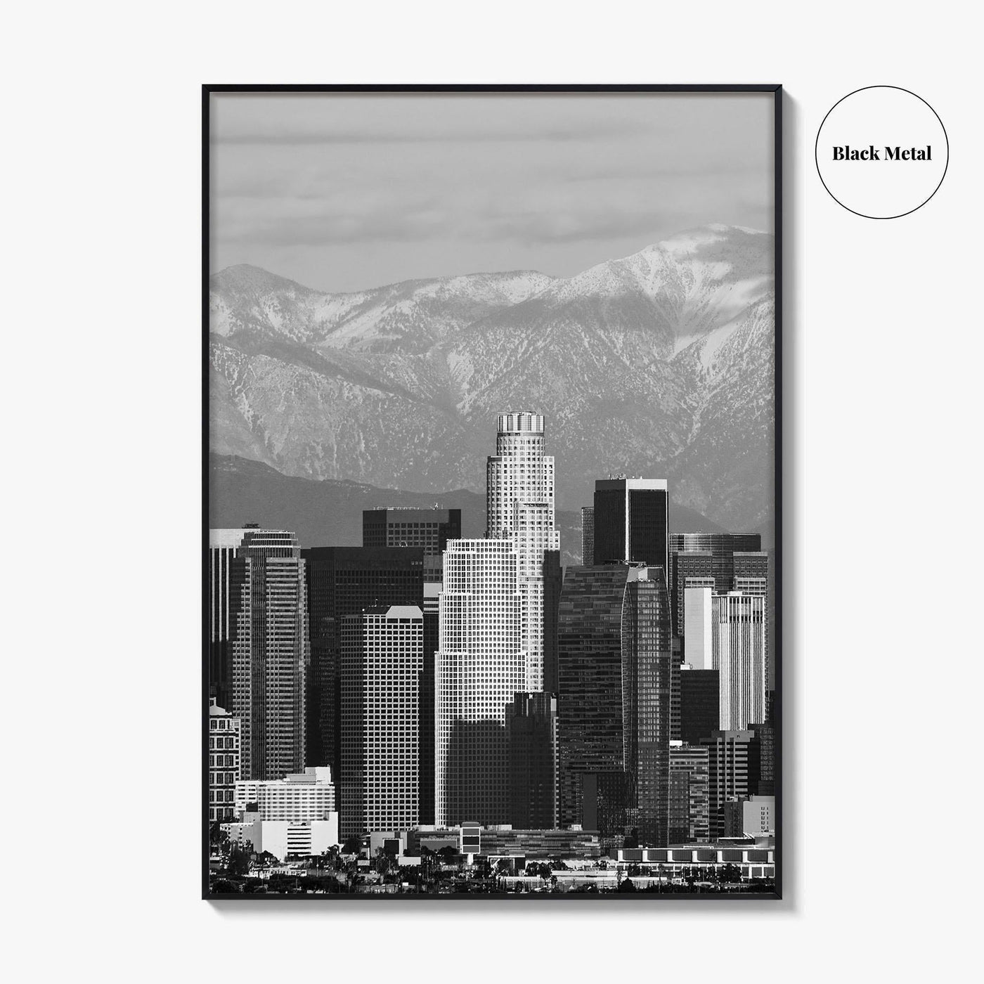 Los Angeles Skyline Black and White Fine Art Photo Print, Snowy Mountains California Poster