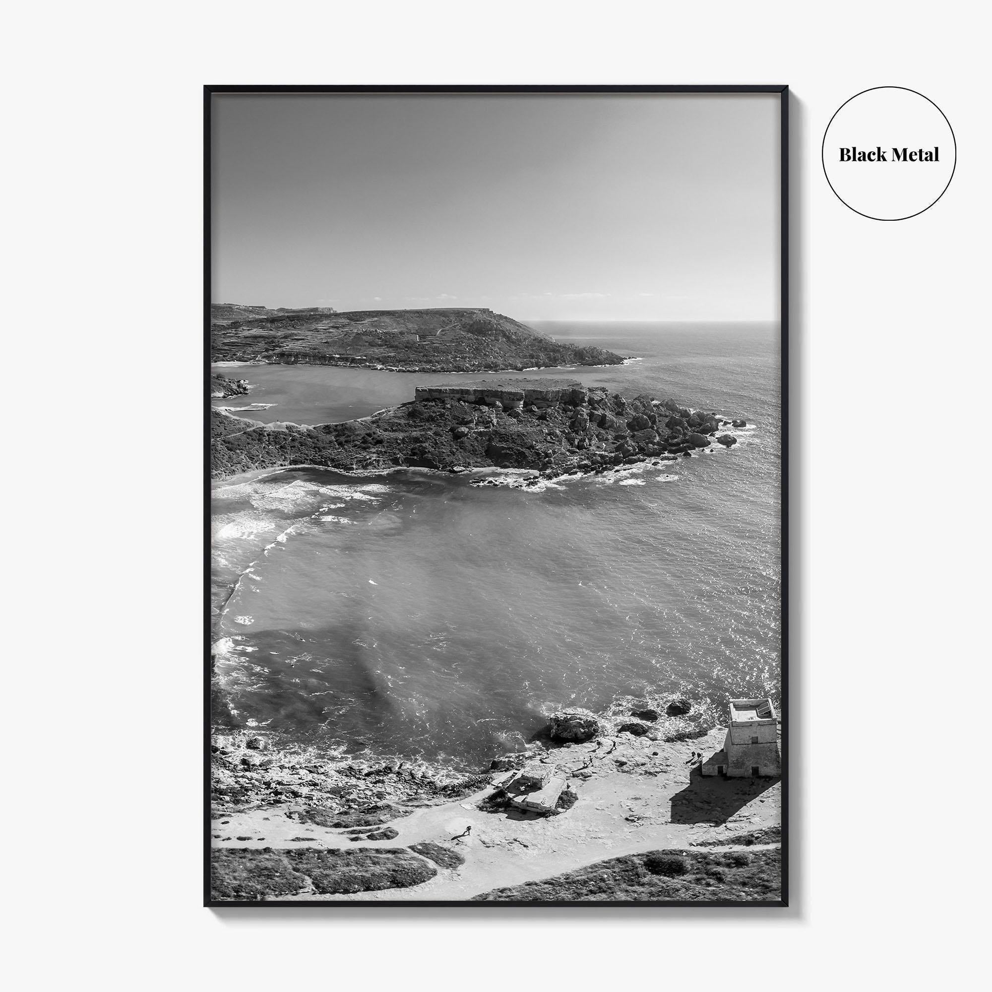 Malta Black and White Fine Art Photo Print, Golden Bay Beach, Mellieha, Coastal Poster
