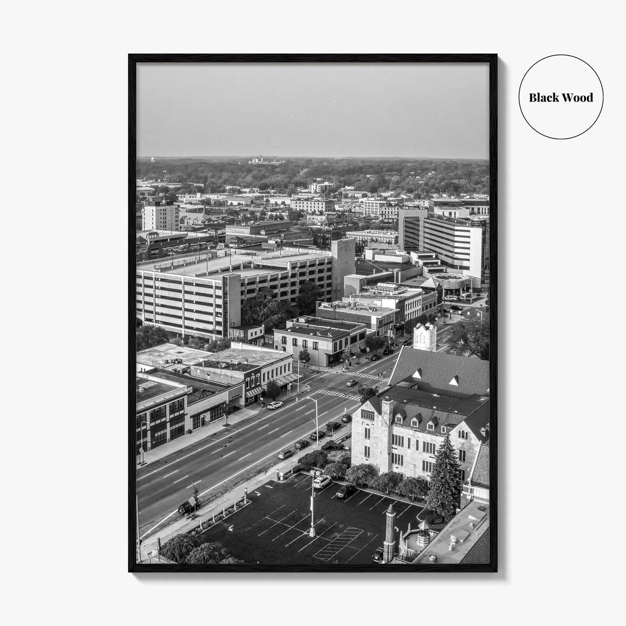 Kalamazoo Black and White Fine Art Photo Print, Michigan Aerial View, USA Wall Poster