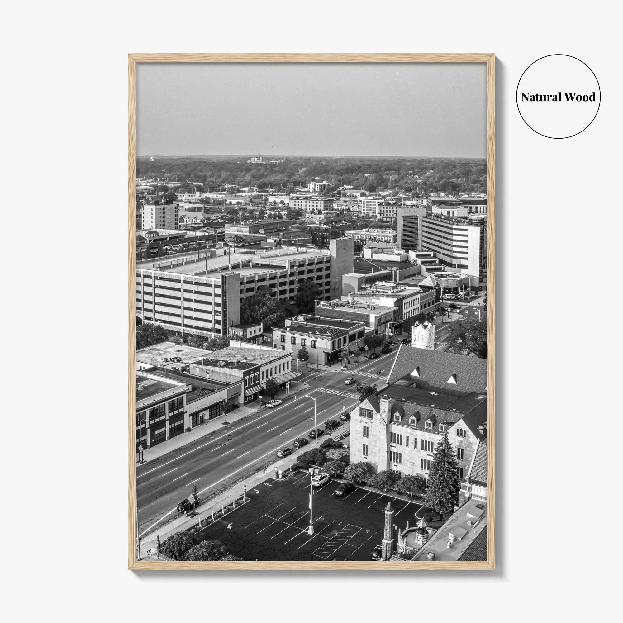 Kalamazoo Black and White Fine Art Photo Print, Michigan Aerial View, USA Wall Poster