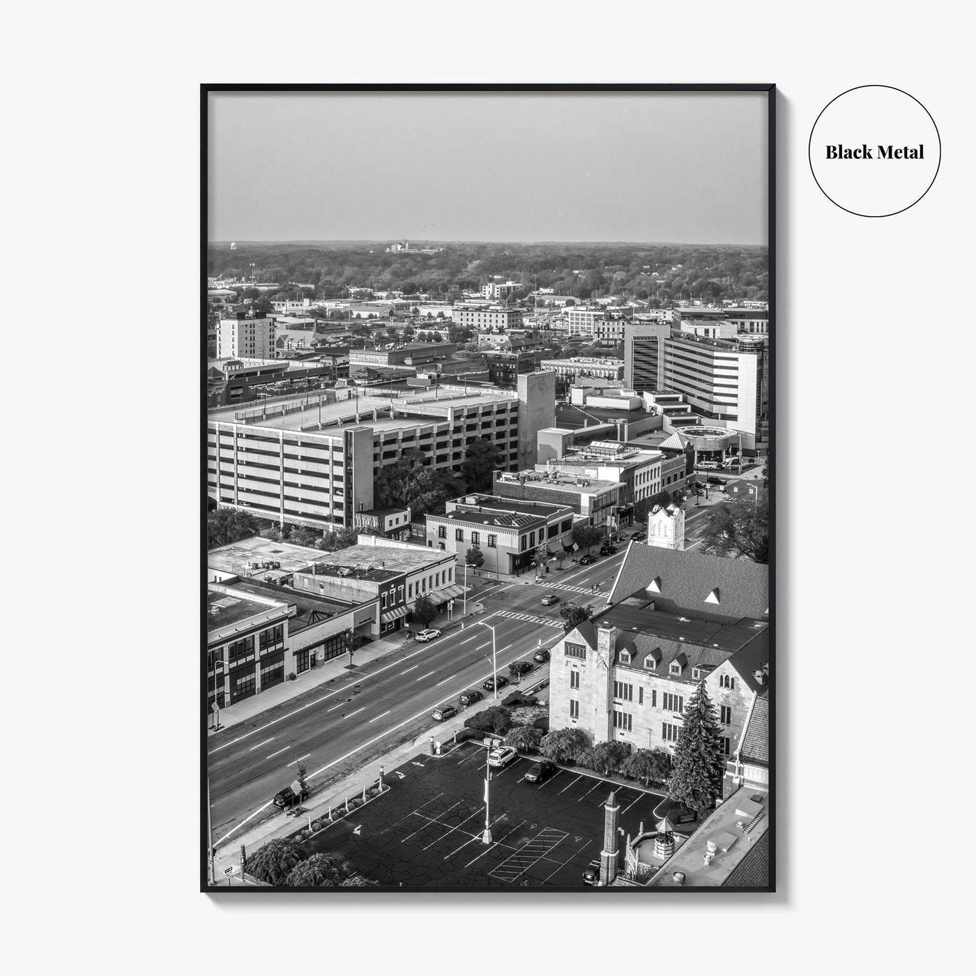 Kalamazoo Black and White Fine Art Photo Print, Michigan Aerial View, USA Wall Poster