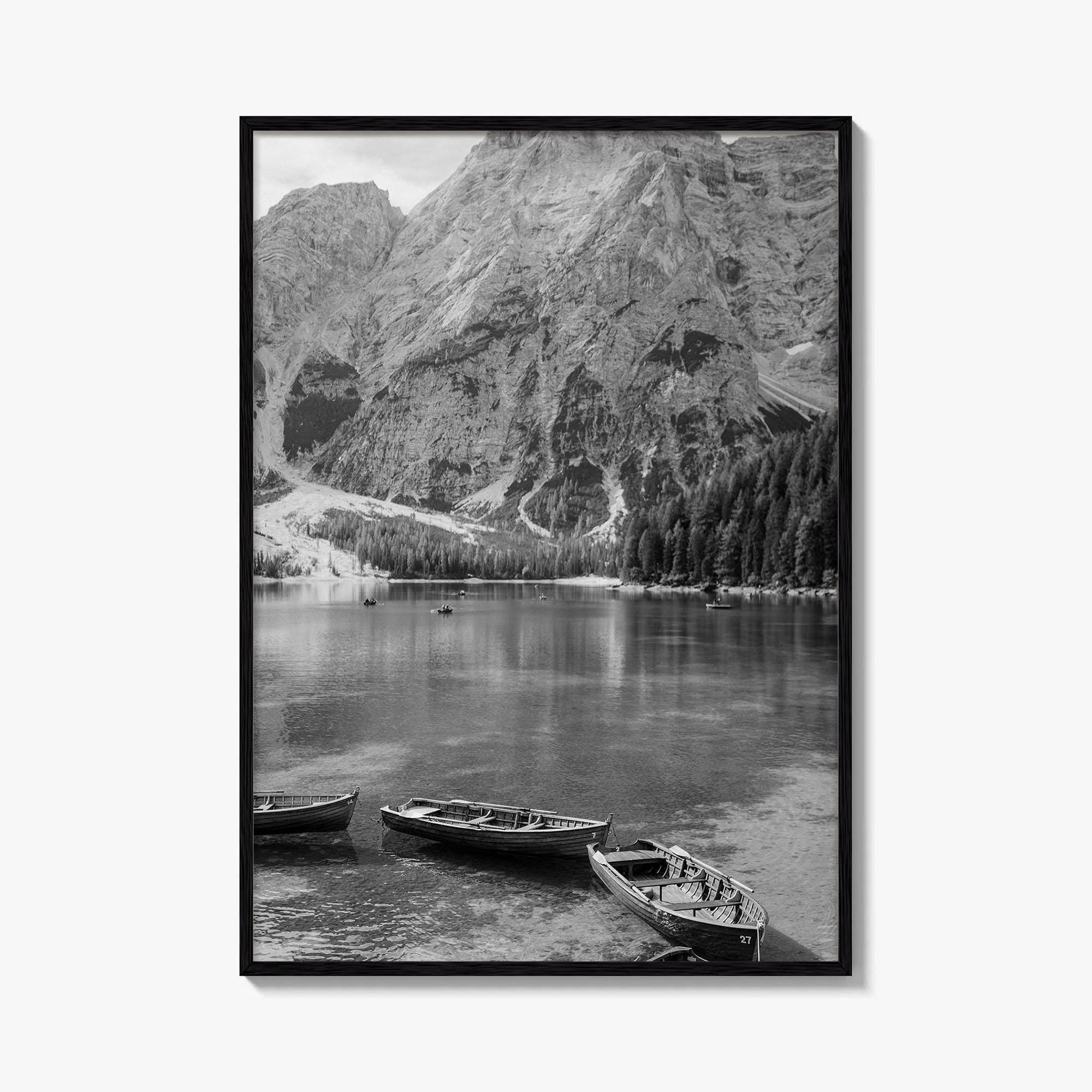 Lake Braies Black and White Fine Art Photo Print, Dolomites Italy Poster