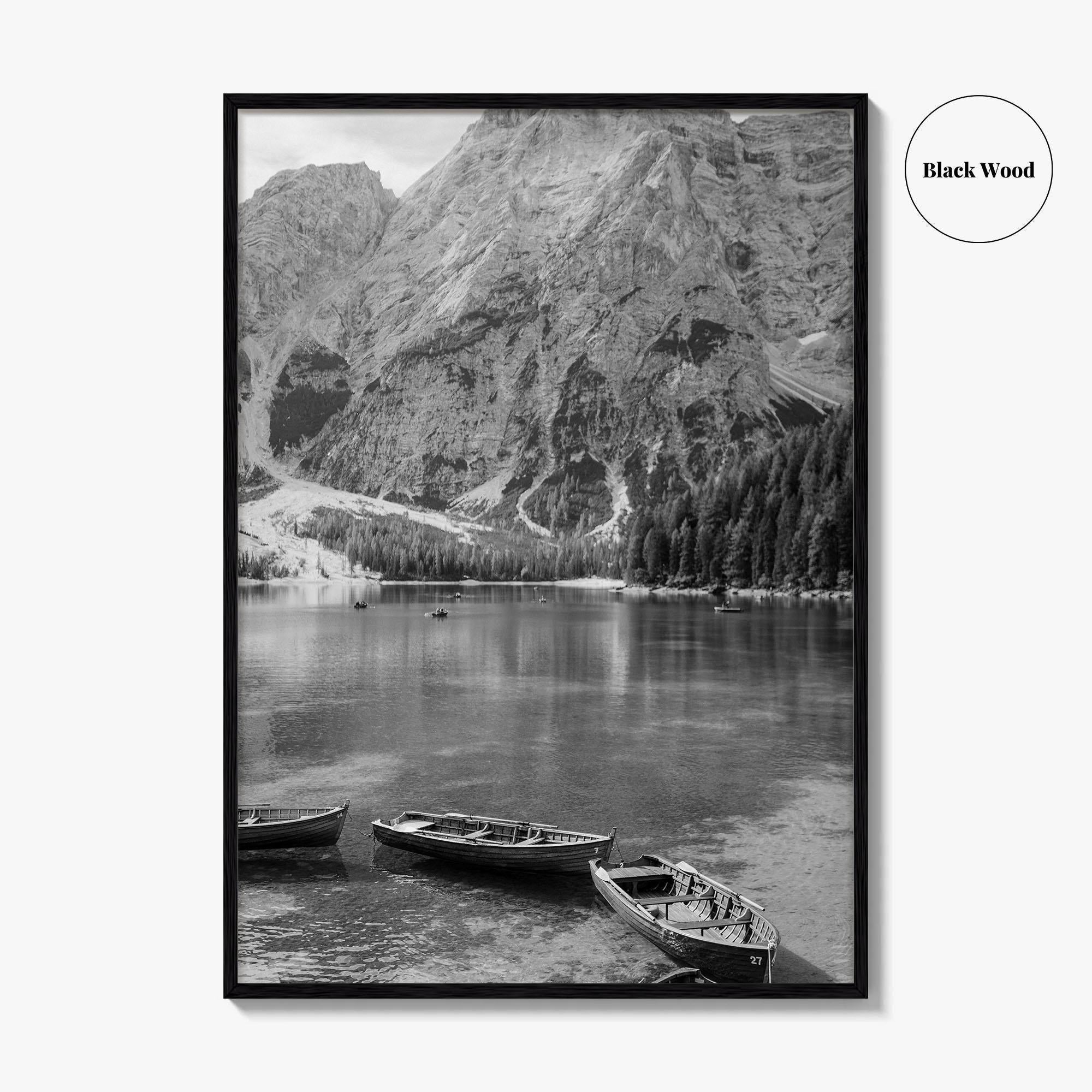 Lake Braies Black and White Fine Art Photo Print, Dolomites Italy Poster