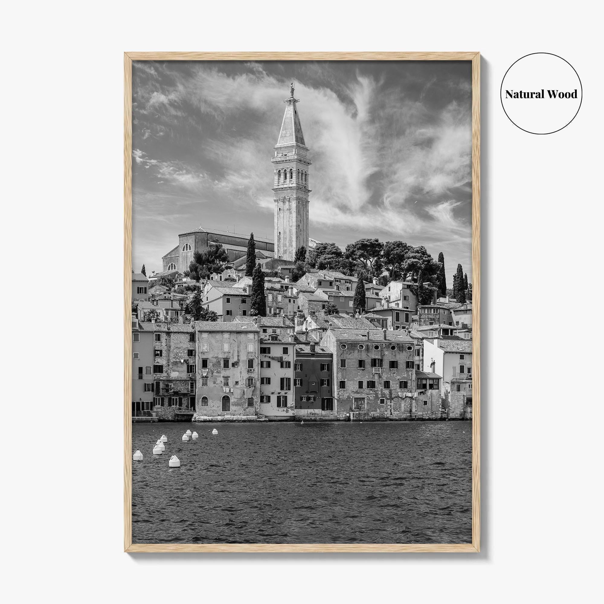 Rovinj Black and White Fine Art Photo Print, Old Town Harbor, Istria Croatia Poster