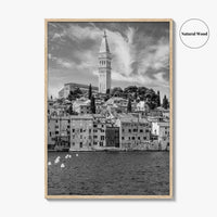 Rovinj Black and White Fine Art Photo Print, Old Town Harbor, Istria Croatia Poster