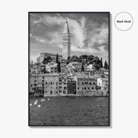 Rovinj Black and White Fine Art Photo Print, Old Town Harbor, Istria Croatia Poster