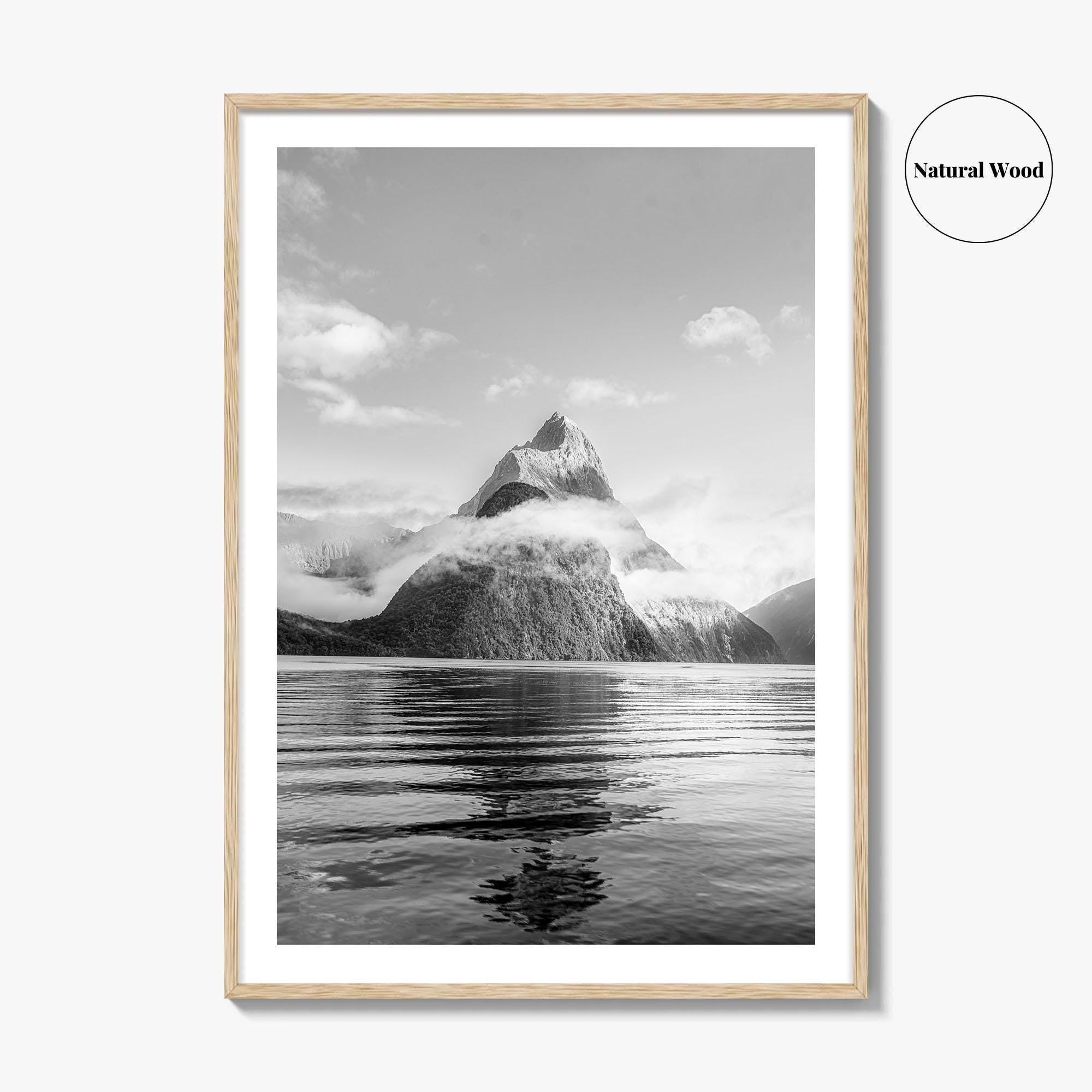 Milford Sound Black and White Fine Art Photo Print, Mitre Peak, New Zealand Poster
