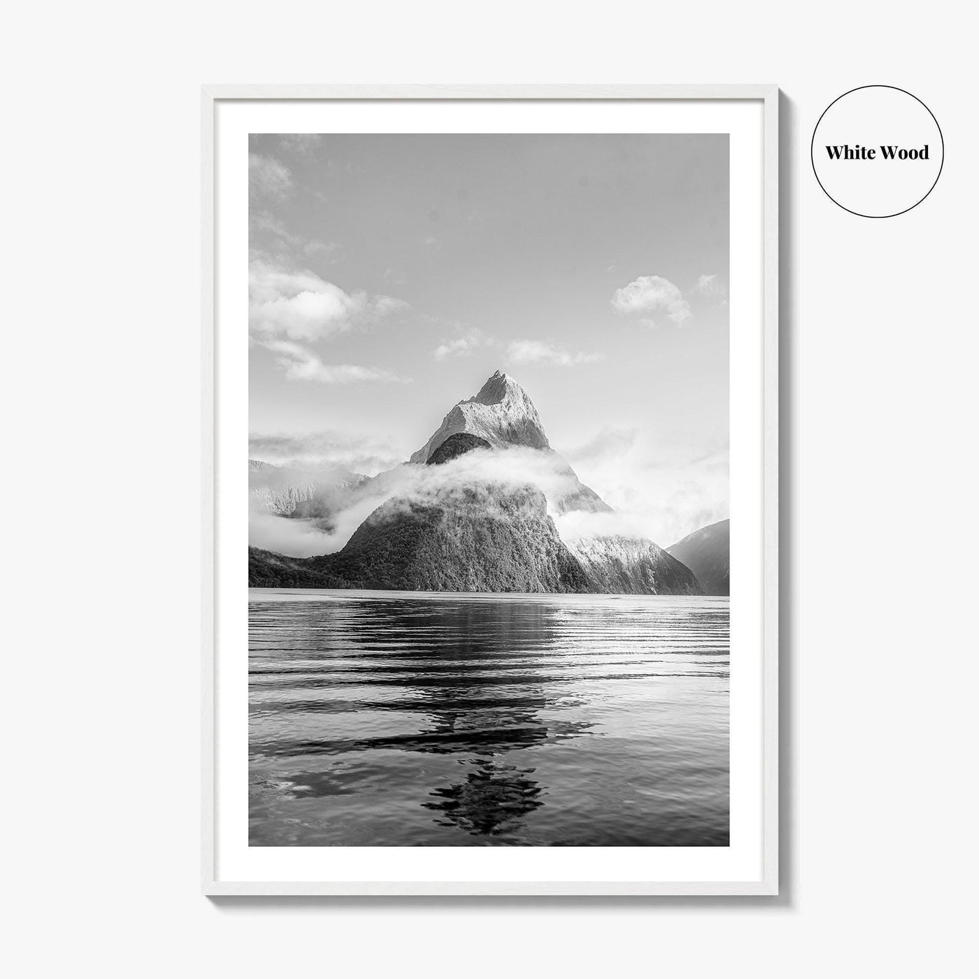Milford Sound Black and White Fine Art Photo Print, Mitre Peak, New Zealand Poster