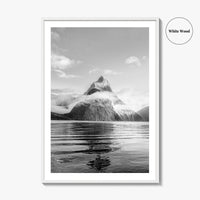 Milford Sound Black and White Fine Art Photo Print, Mitre Peak, New Zealand Poster