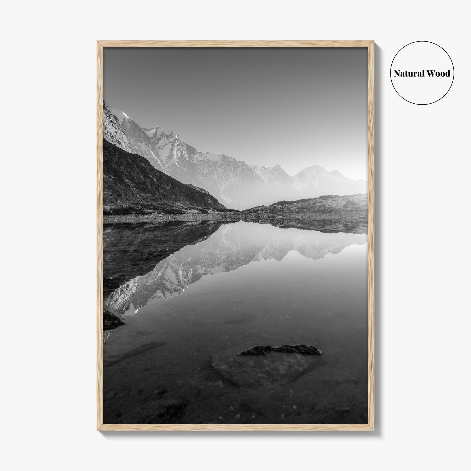 Himalayas Black and White Fine Art Photo Print, Nepal Poster, Mountain Lake Reflection