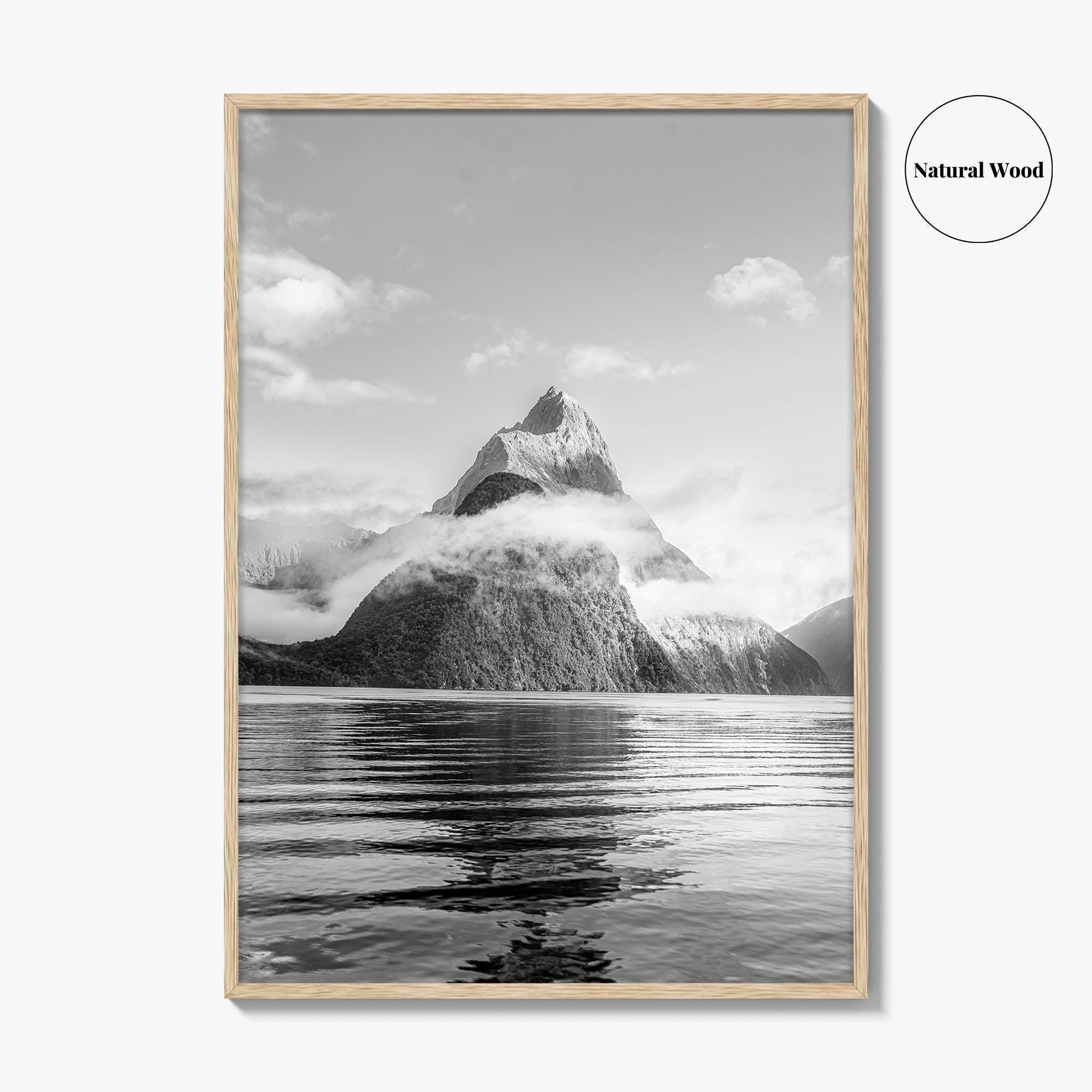Milford Sound Black and White Fine Art Photo Print, Mitre Peak, New Zealand Poster