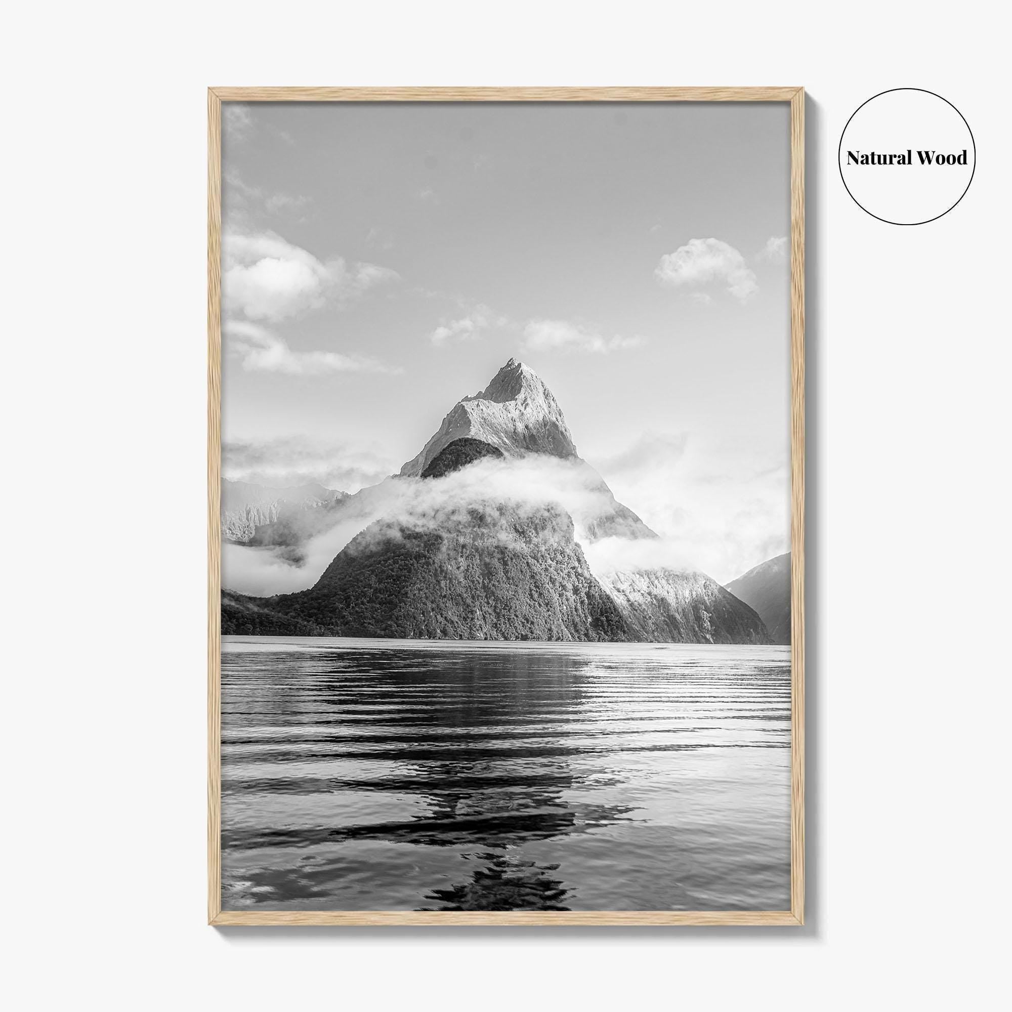 Milford Sound Black and White Fine Art Photo Print, Mitre Peak, New Zealand Poster