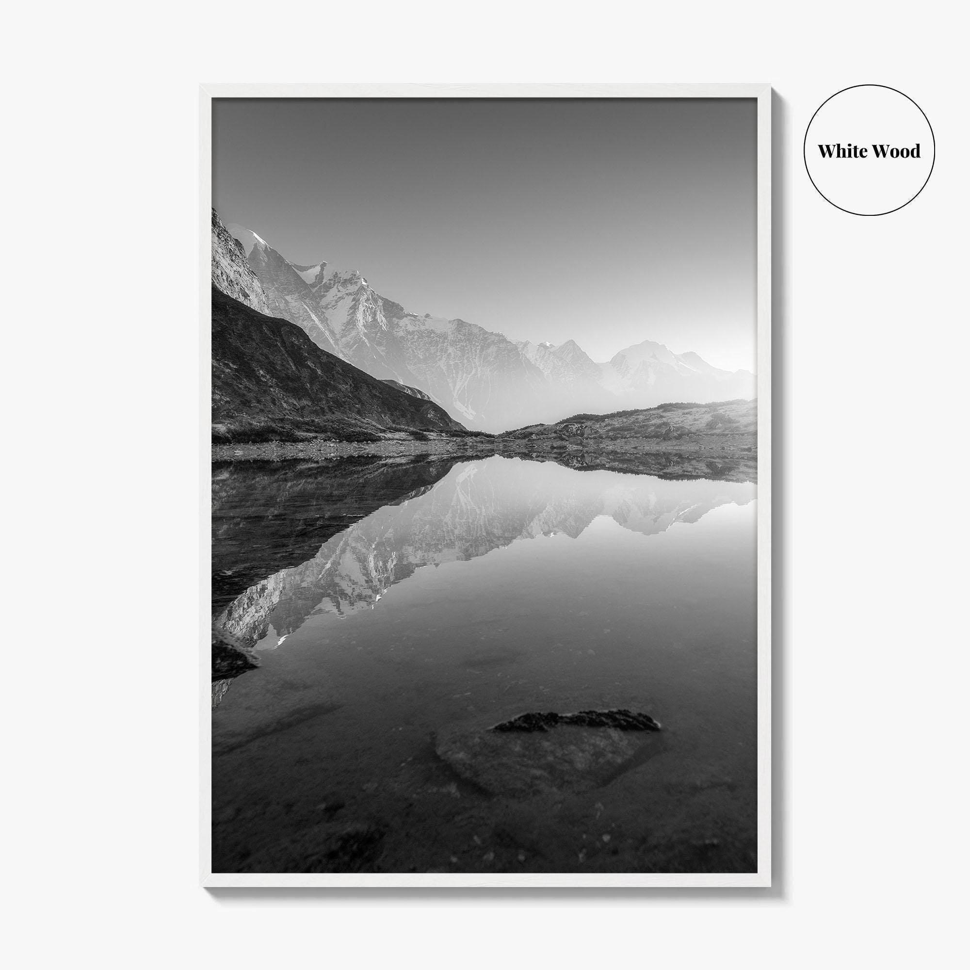 Himalayas Black and White Fine Art Photo Print, Nepal Poster, Mountain Lake Reflection