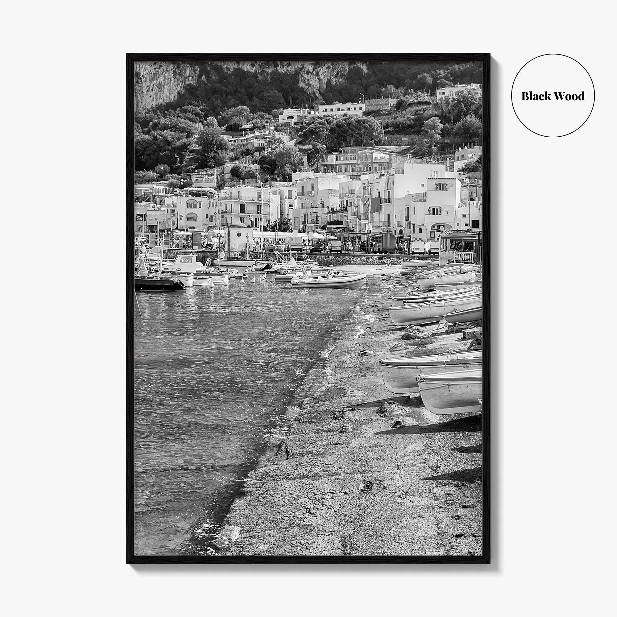 Capri Black and White Fine Art Photo Print, Marina Grande Italy Harbor Boats Poster