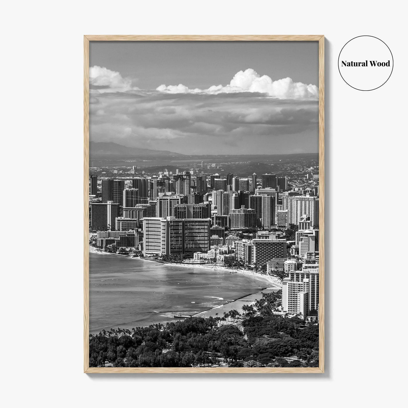 Honolulu Skyline Black and White Fine Art Photo Print, Waikiki Beach, Oahu Hawaii Poster