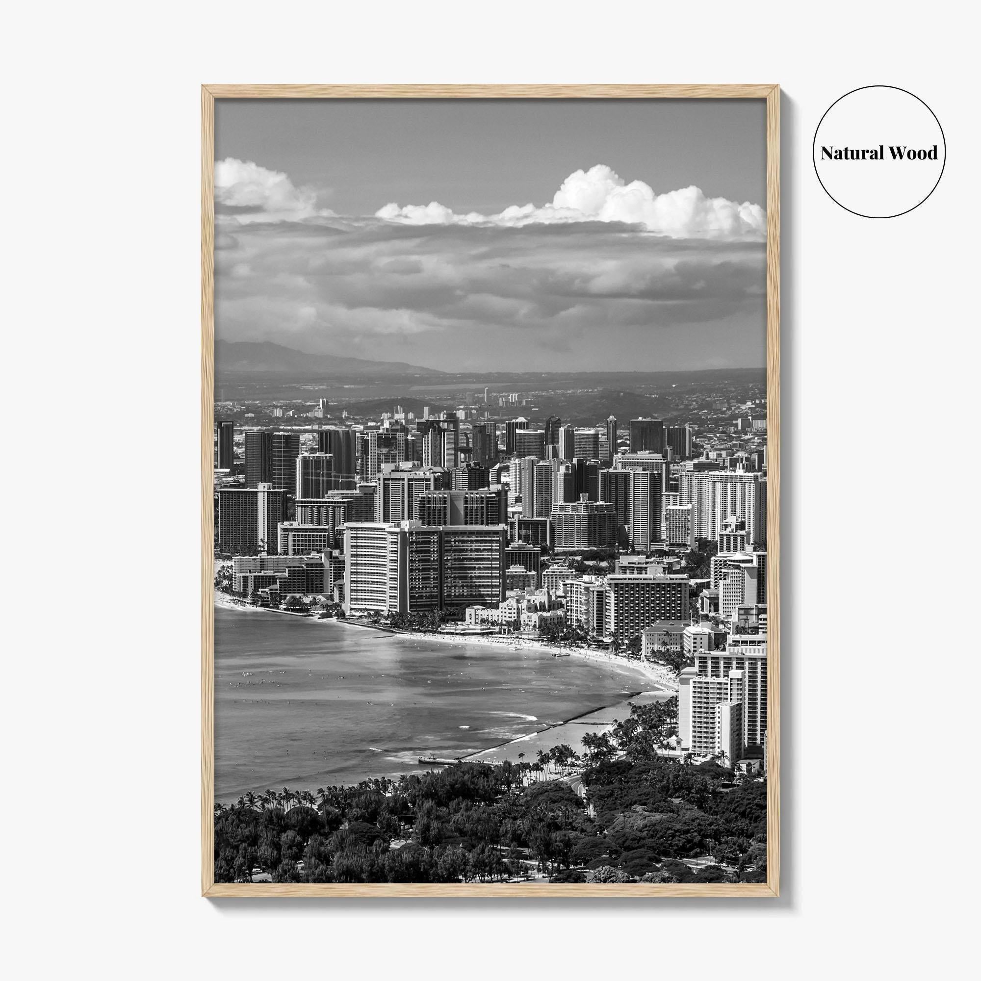 Honolulu Skyline Black and White Fine Art Photo Print, Waikiki Beach, Oahu Hawaii Poster