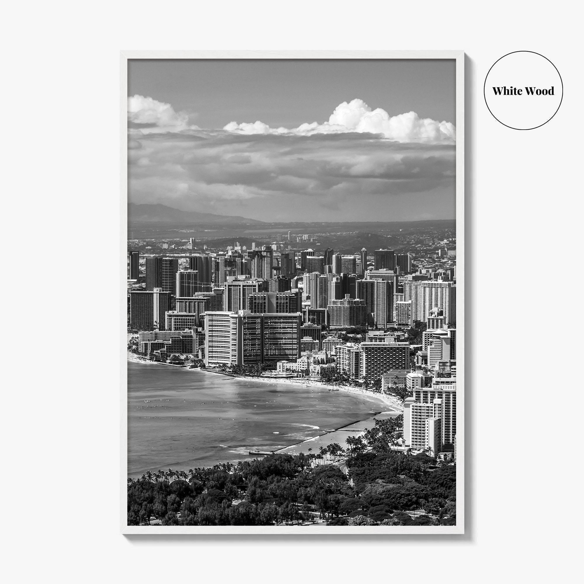 Honolulu Skyline Black and White Fine Art Photo Print, Waikiki Beach, Oahu Hawaii Poster