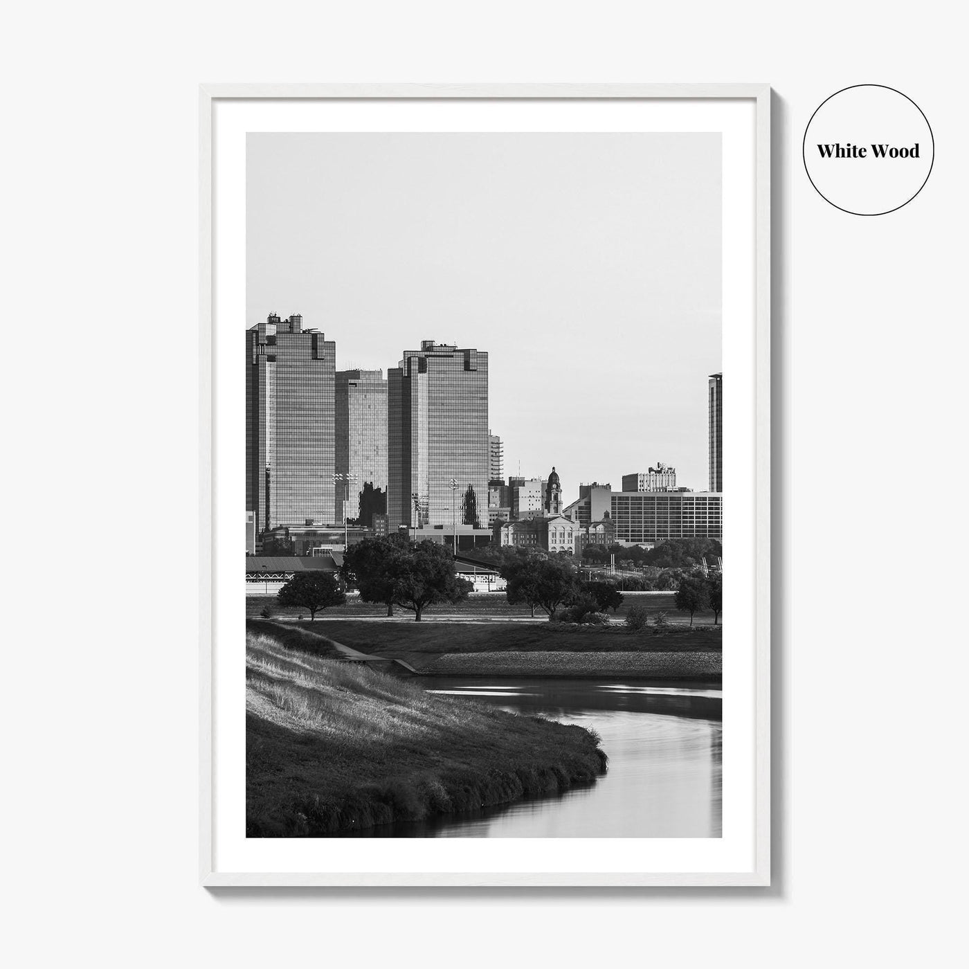 Fort Worth Skyline Black and White Fine Art Photo Print, Trinity River Texas Poster