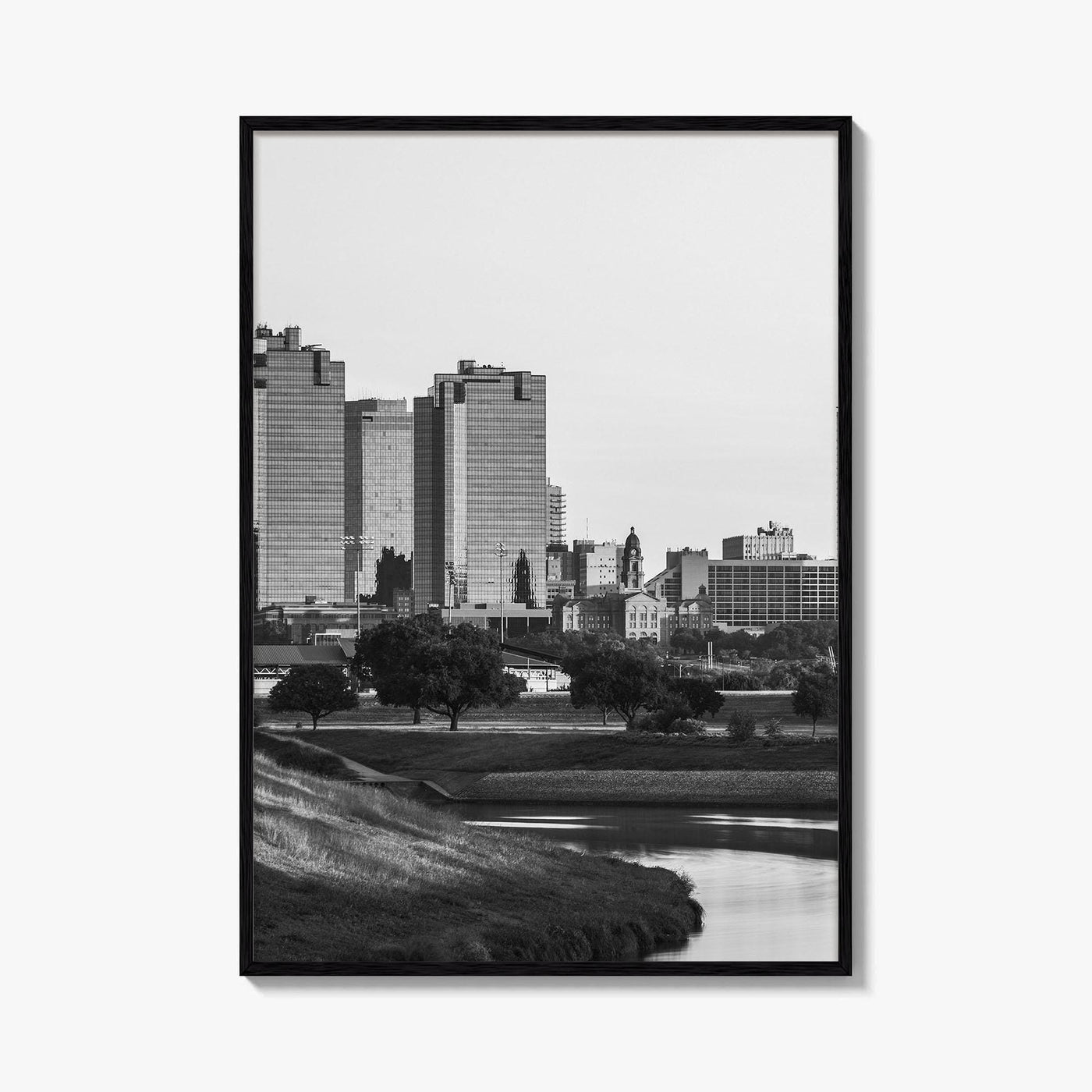 Fort Worth Skyline Black and White Fine Art Photo Print, Trinity River Texas Poster