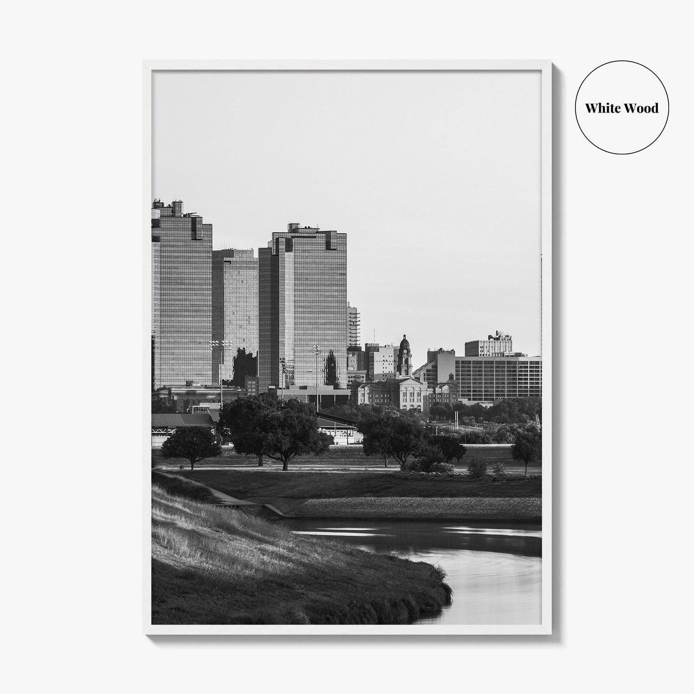 Fort Worth Skyline Black and White Fine Art Photo Print, Trinity River Texas Poster