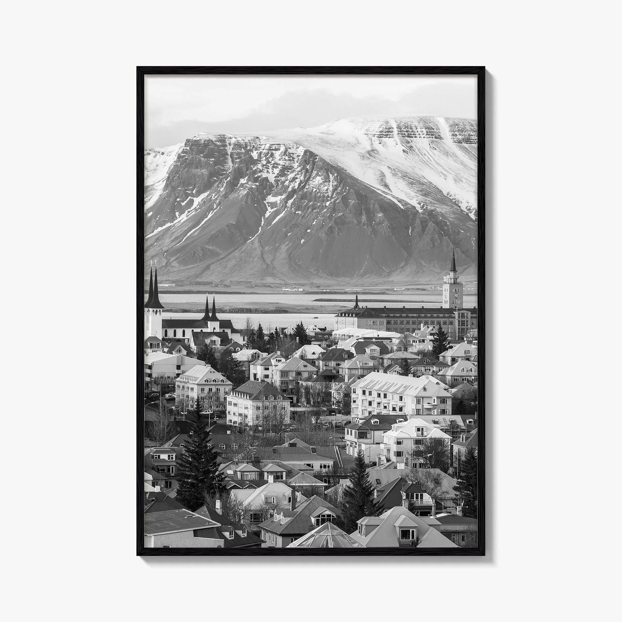 Reykjavik Skyline Black and White Fine Art Photo Print, Iceland Wall Poster, City