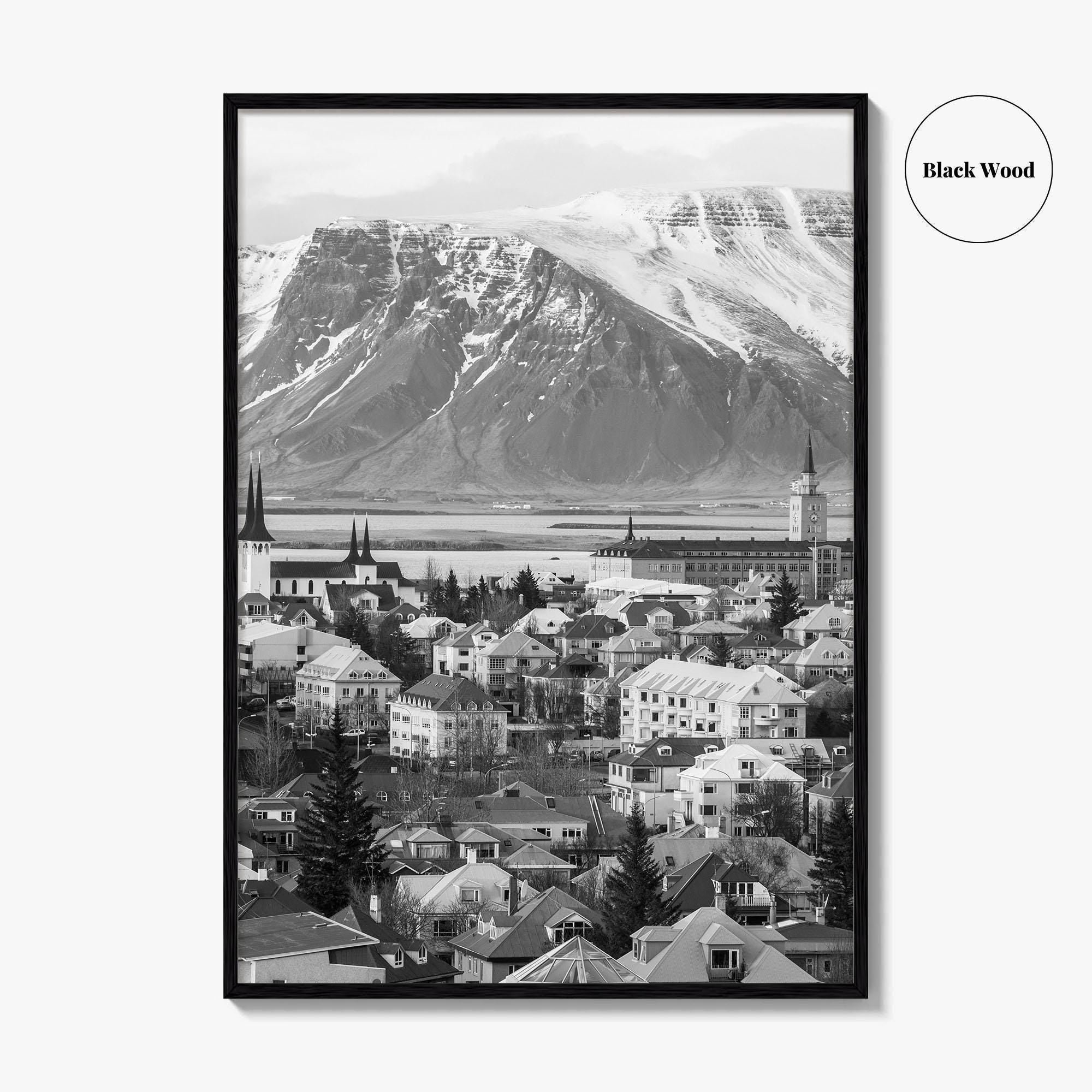 Reykjavik Skyline Black and White Fine Art Photo Print, Iceland Wall Poster, City