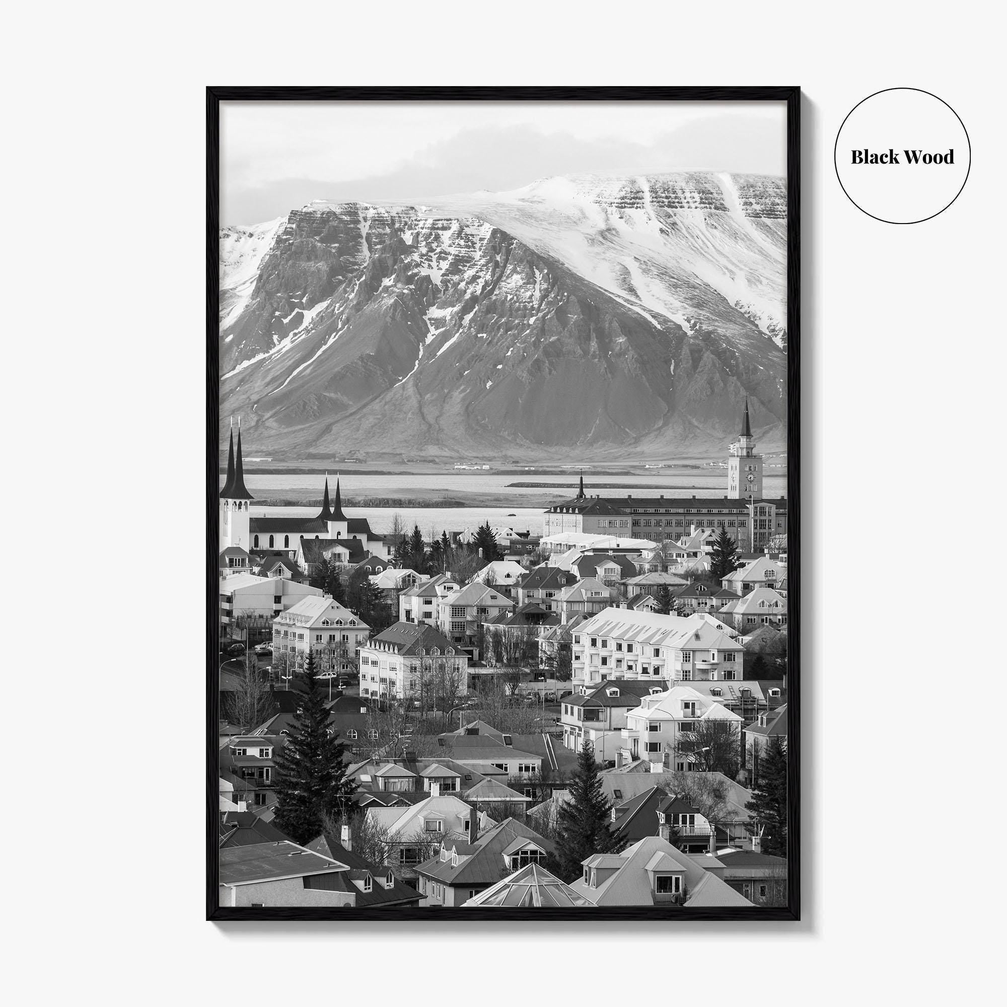 Reykjavik Skyline Black and White Fine Art Photo Print, Iceland Wall Poster, City