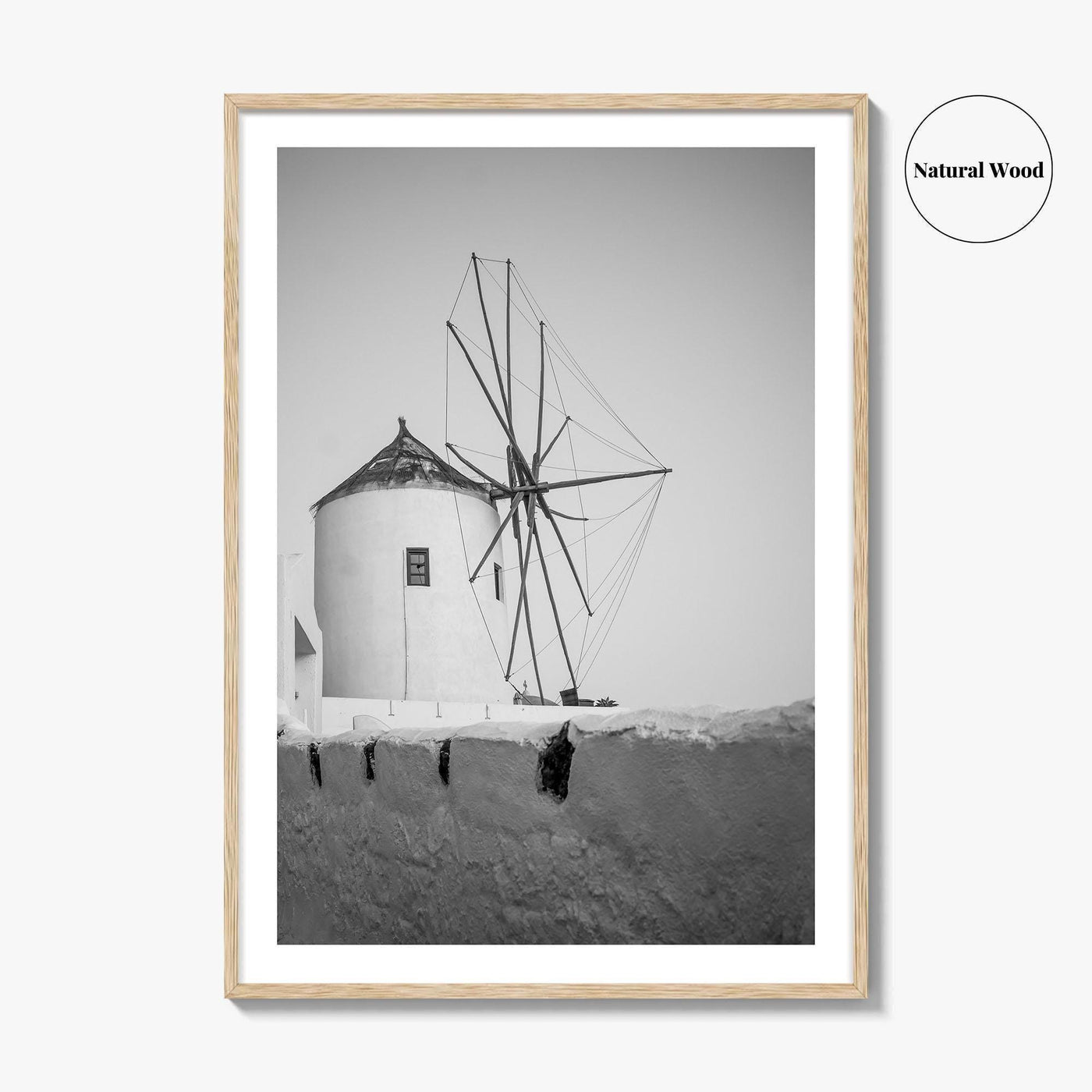 Santorini Black and White Fine Art Photo Print, Oia Windmill Greece Poster
