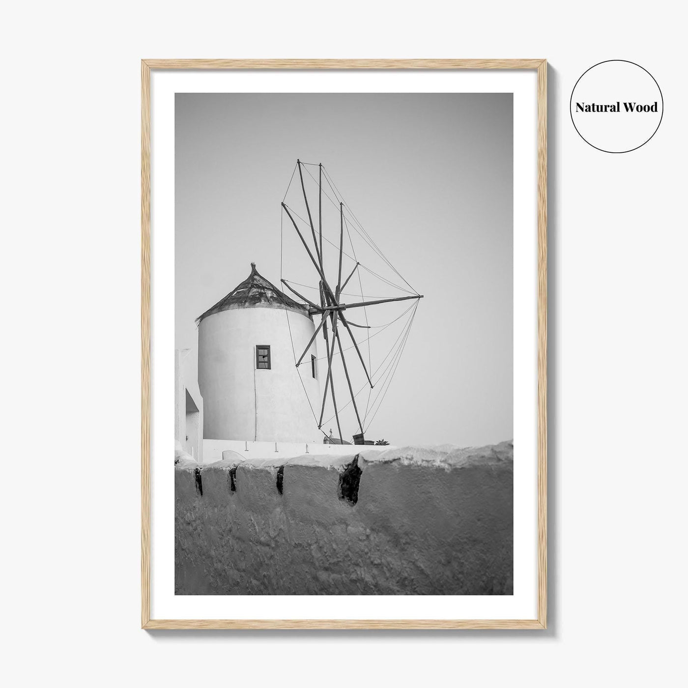 Santorini Black and White Fine Art Photo Print, Oia Windmill Greece Poster