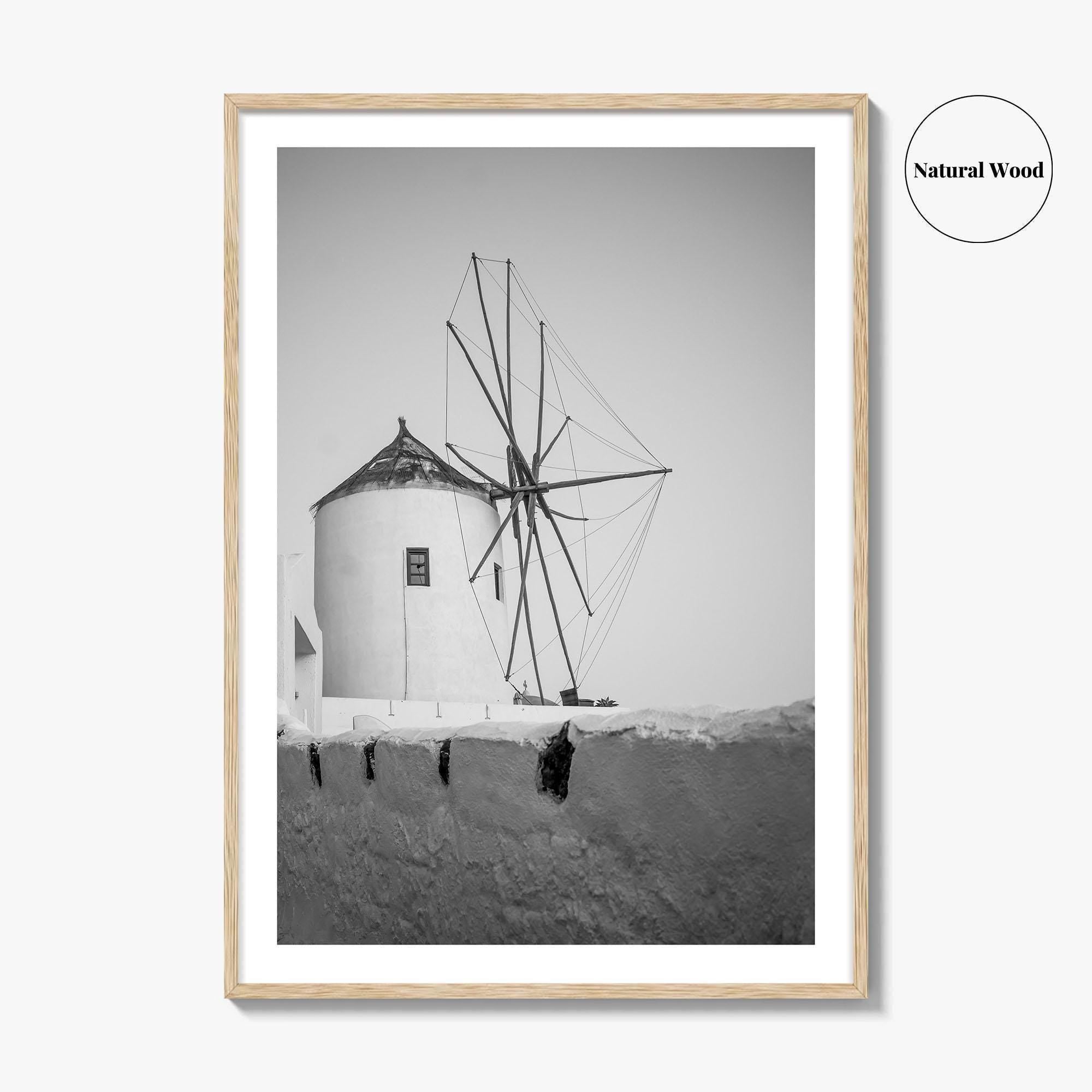 Santorini Black and White Fine Art Photo Print, Oia Windmill Greece Poster