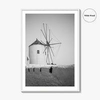 Santorini Black and White Fine Art Photo Print, Oia Windmill Greece Poster