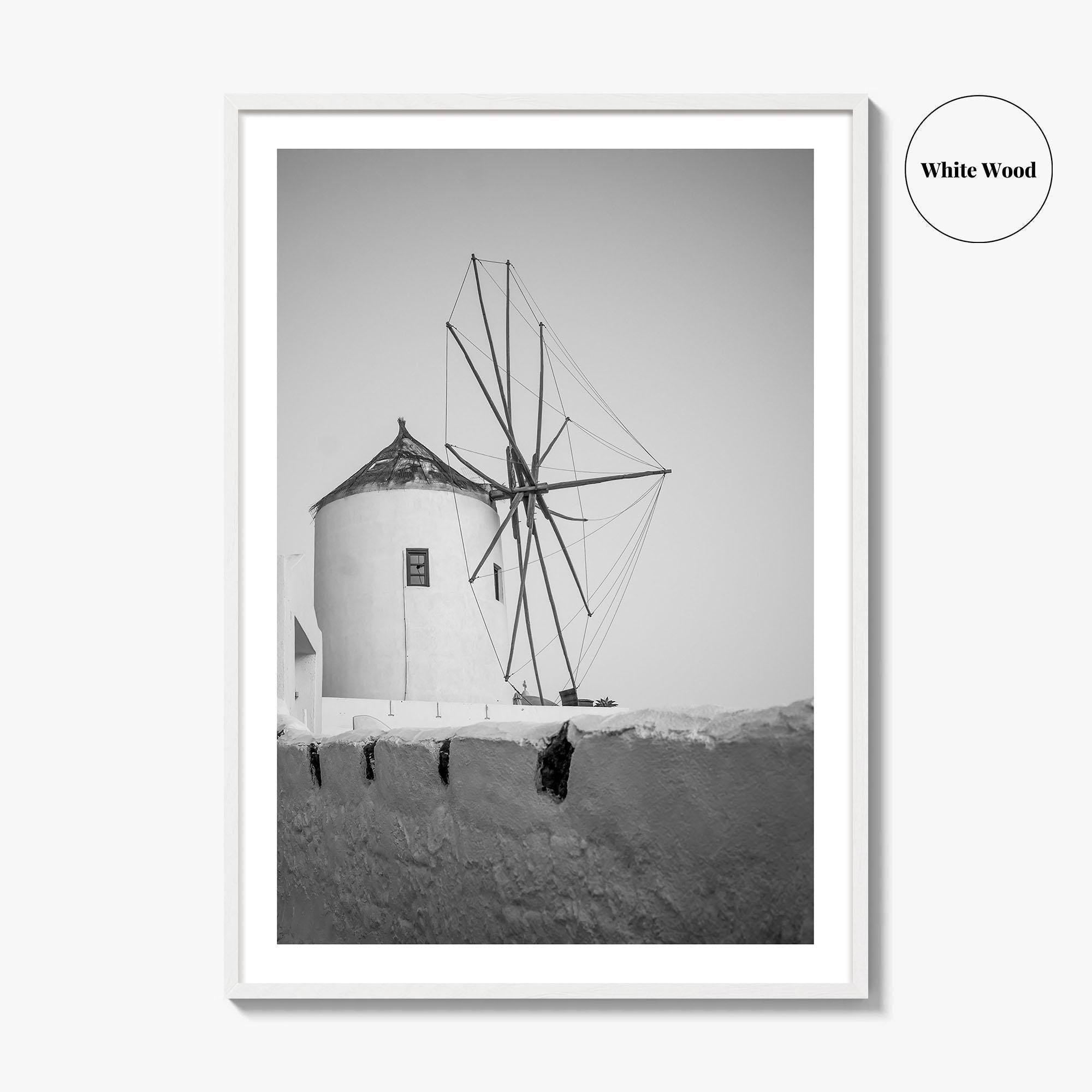 Santorini Black and White Fine Art Photo Print, Oia Windmill Greece Poster