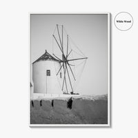 Santorini Black and White Fine Art Photo Print, Oia Windmill Greece Poster