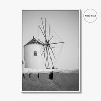 Santorini Black and White Fine Art Photo Print, Oia Windmill Greece Poster