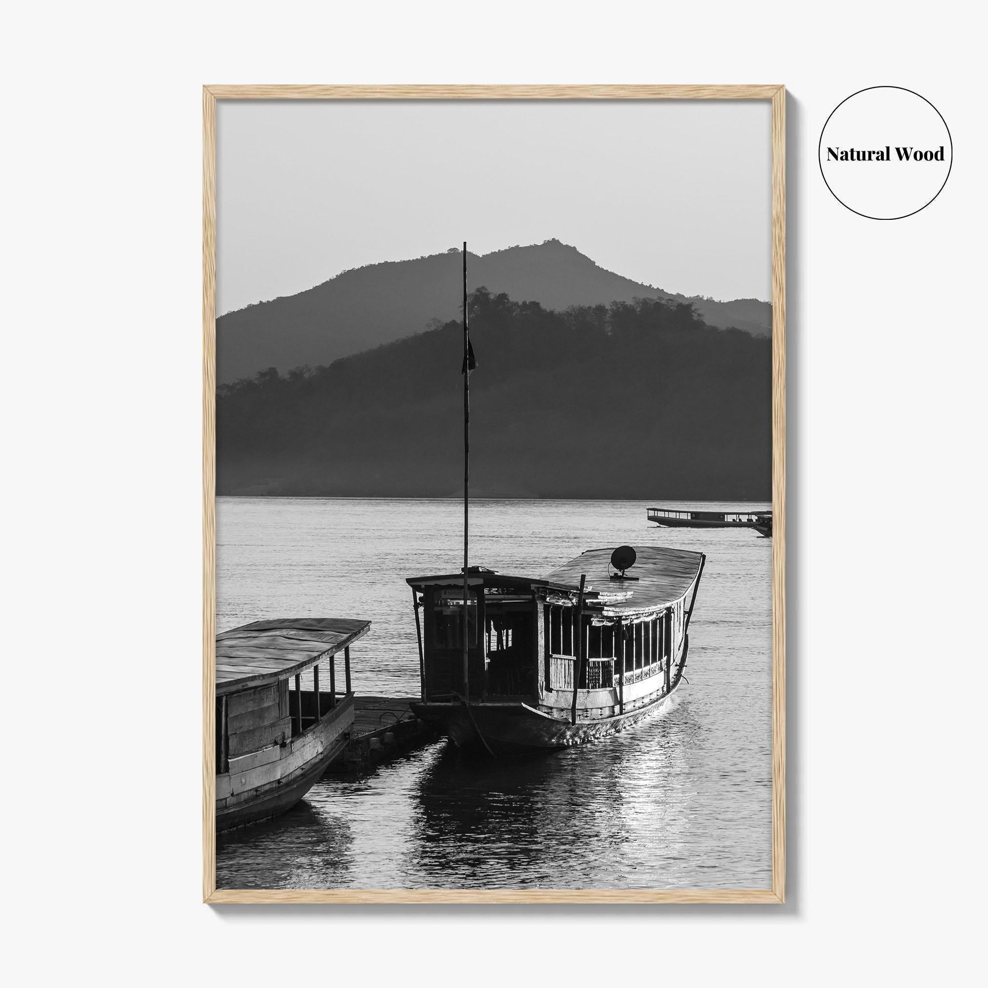 Luang Prabang Black and White Fine Art Photo Print, Mekong River Laos Poster